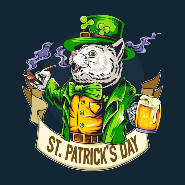 Leuke Kat Patrick Day Met Een Glas Bier Vector — Stockvector