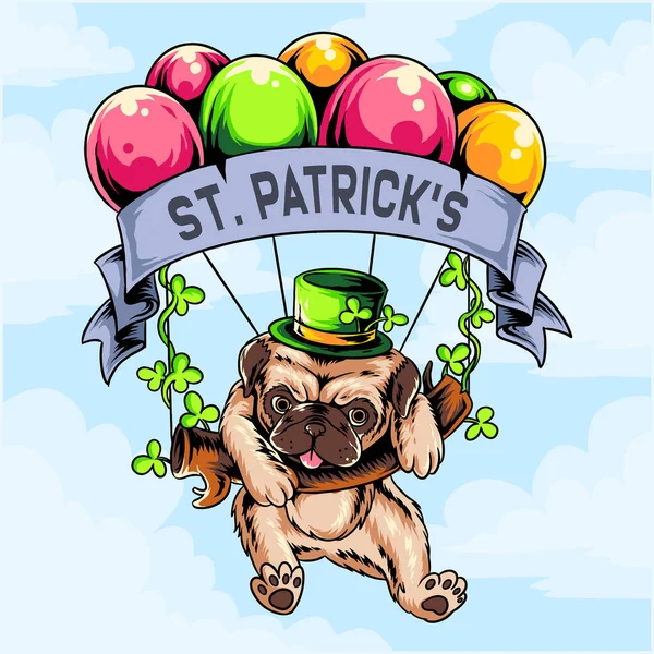 Patrick Day Mops Hund Fliegt Mit Ballon — Stockvektor