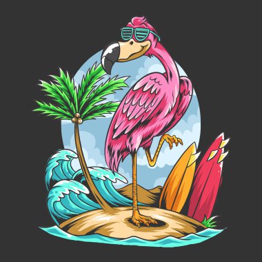 Hindistan cevizi ağaçları ve sörf tahtası vektörleriyle plajda yaz flamingoları
