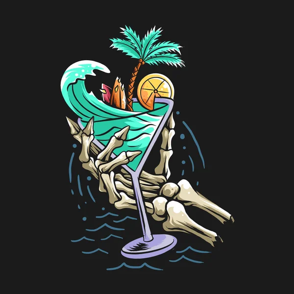 夏季设计理念海滩骷髅手拿着一只盛满海浪 椰子树和冲浪板的杯子 — 图库矢量图片