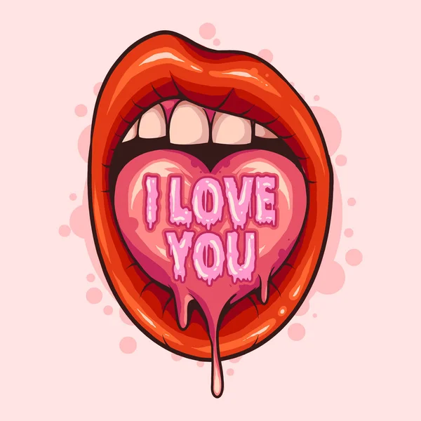 Valentine Design Lips Love Heart Shaped Tongue Says Love You — Stock Vector