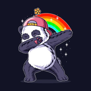 Soyunma stili panda çiçekli bir şapka kullanır ve bir de gökkuşağı vardır.
