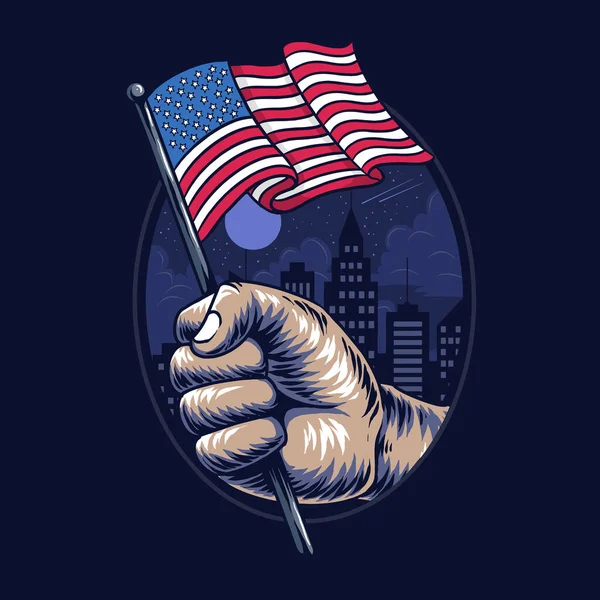 Mãos Pessoas Segurando Bandeira Dos Estados Unidos Meio Cidade Este — Vetor de Stock