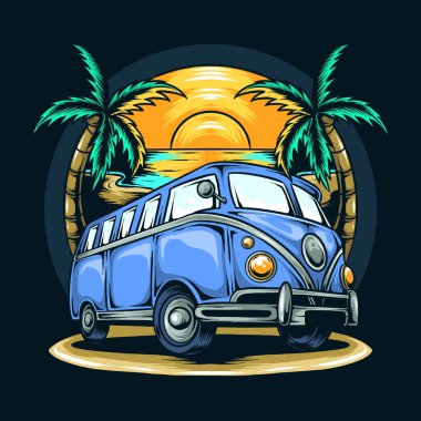 Yazın hindistan cevizi ağaçlarının arasında eski bir minibüs.