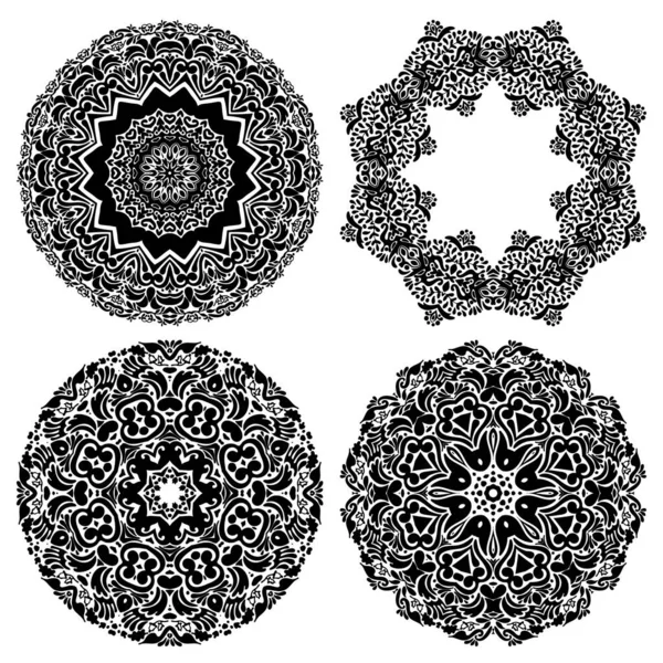 Conjunto Silueta Abstracta Vector Copo Nieve Marco Mandala Blanco Negro — Vector de stock