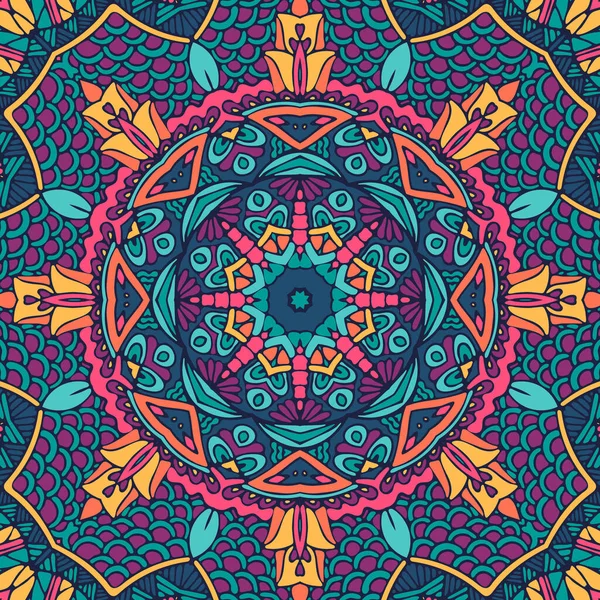 曼达拉色彩艳丽的印第安图案 几何矢量迷幻印刷 阿兹特克风格背景 — 图库矢量图片