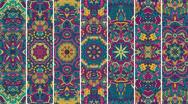Набор Баннеров Мандала Ярким Цветовым Психоделическим Рисунком Этнические Геометрические Шаблоны — стоковый вектор