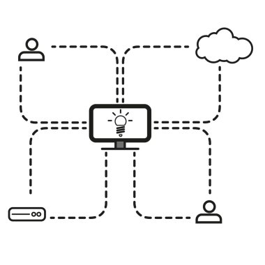 Internet, bulut, bilgisayar, sabit disk ve istemci kontur vektör grafik harita