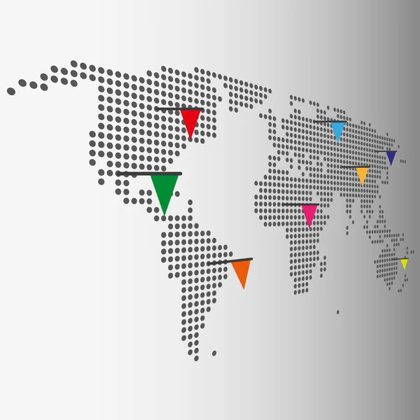 Mapa do mundo pontilhado com cores ponteiro bandeiras vetor gráfico — Vetor de Stock