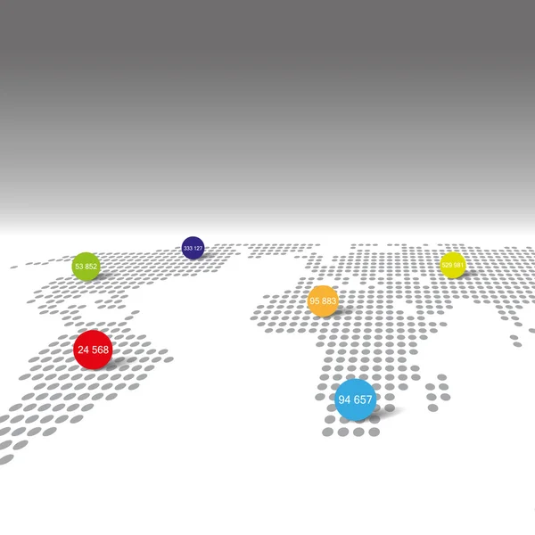 Mapa mundial punteado con indicadores estadísticos de color con sombra sobre fondo gris, infografía vectorial — Vector de stock