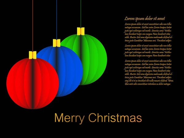 3色の折り目の紙のスタイルのクリスマスボールとメリークリスマスの背景テキストのための場所と黒の背景 ベクトルグラフィック — ストックベクタ