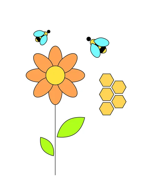 Bees Flower Collect Honey Vector Line Art Illustration — Stock Vector