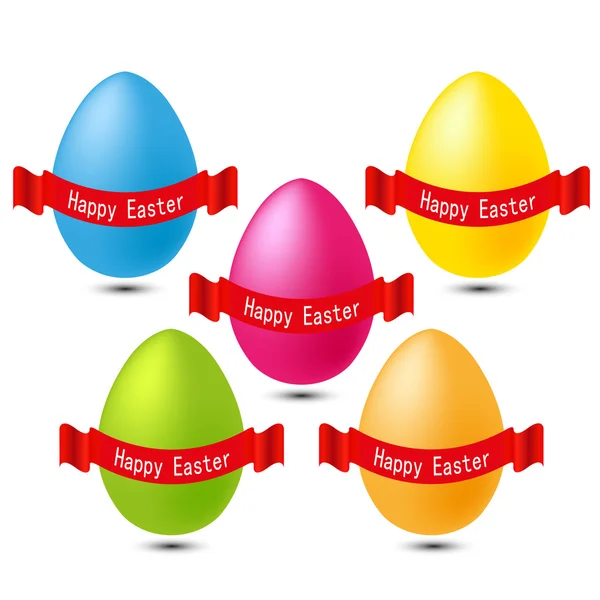 Feliz Pascua huevos de color con el vector de cinta roja — Vector de stock