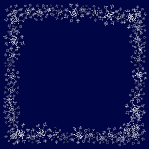 Invierno copos de nieve marco sobre fondo azul oscuro — Vector de stock