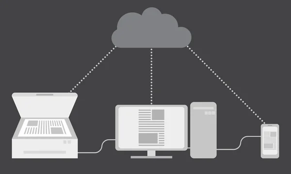 Kopieer document delen apparaat- en verbinding met cloud — Stockvector