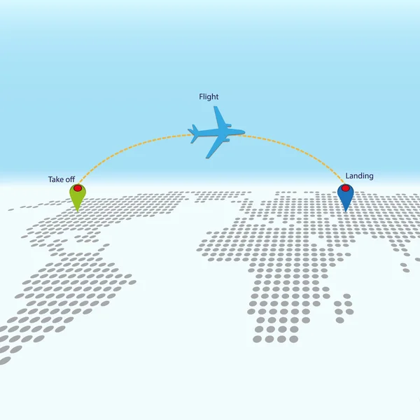 Avión de vuelo Way con mapa punteado gráfico vectorial — Vector de stock