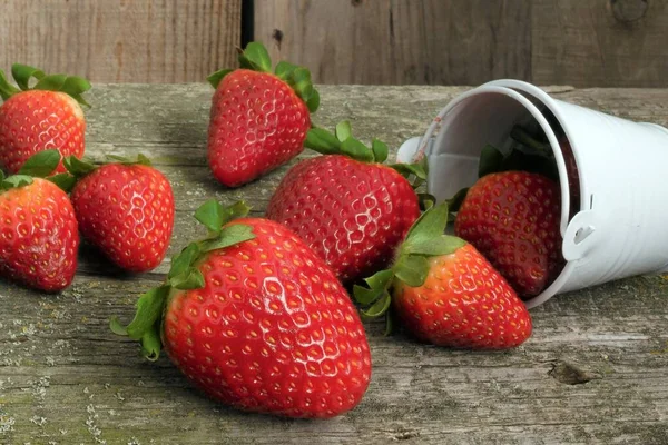 Erdbeeren Weißem Metalleimer Und Auf Hölzernem Hintergrund — Stockfoto