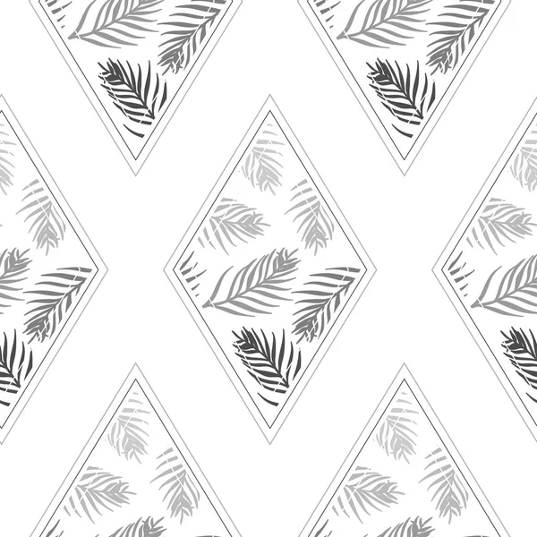 Vector Palm Leaves Composición dentro de Rhombus en negro y blanco sin costuras patrón de fondo. Perfecto para proyectos de tela, papel tapiz y scrapbooking. — Vector de stock