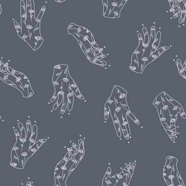 Papatya çayı çizimli Sihirli Eller Koyu Tozlu Mavi kusursuz desenli arkaplan çizimi. Kumaş, duvar kağıdı ve koleksiyon kitabı projeleri için mükemmel..