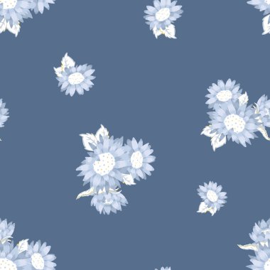 Vector Monochromatic Blue Sunflower Bouquets seamless pattern background. Perfect for fabric, scrapbooking and wallpaper projects.