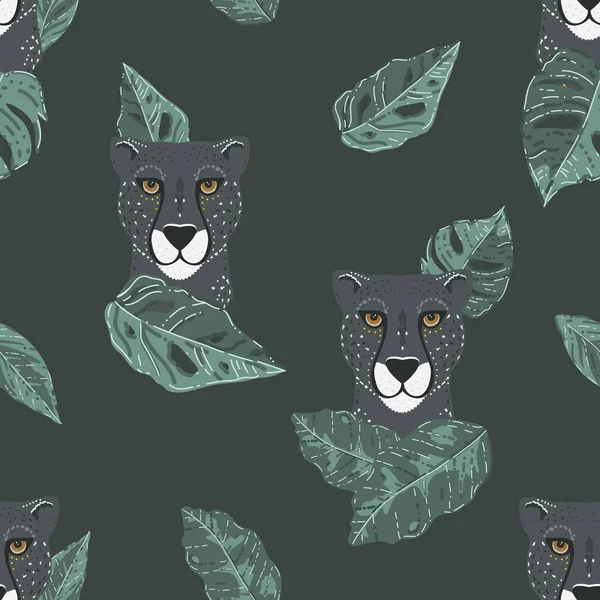 Vector Abstrato Preto Cheetah com folhas tropicais sem costura padrão de fundo. Perfeito para projetos de tecido, scrapbooking e papel de parede. — Vetor de Stock