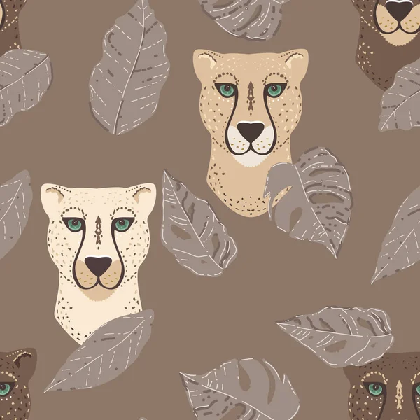 Vector guepardo de color natural con hojas tropicales sobre fondo de patrón sin costura marrón. Perfecto para proyectos de tela, scrapbooking y papel pintado. — Archivo Imágenes Vectoriales