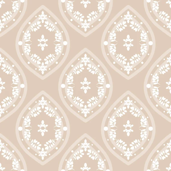 Vector Soft White Floral Ogee auf beigem Hintergrund mit nahtlosem Muster. Perfekt für Stoff-, Scrapbooking- und Tapetenprojekte. — Stockvektor