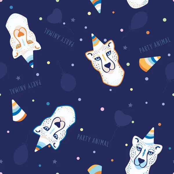 Vector Feestelijke Fun Party Animal op Navy Blue naadloze patroon achtergrond. Perfect voor stof, scrapbooking en behang projecten. — Stockvector