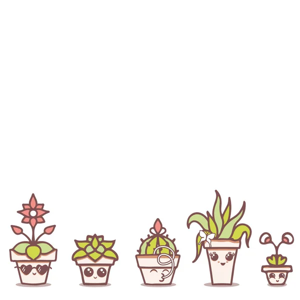 Vector Fun Kawaii House Plantes en terre cuite Pots sur blanc bordure de motif sans couture. Parfait pour les projets de tissu, scrapbooking et papier peint. — Image vectorielle