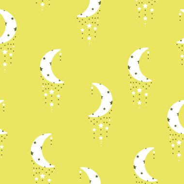 Limonlu Yeşil Kireç üzerinde Yıldız Zincirleri olan vektör Boho Crescent desenli arka plan. Kumaş, hatıra defteri ve duvar kağıdı projeleri için mükemmel..
