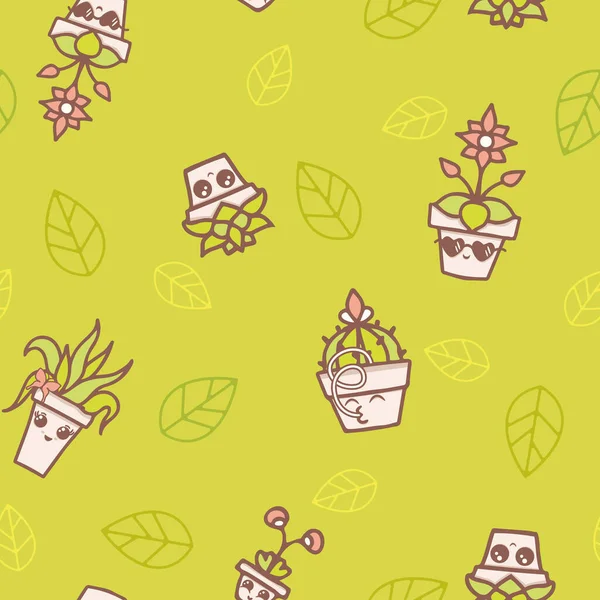 Vector Fun Kawaii House Plants I Pots in lijn met Lemon Lime Green naadloze patroon achtergrond. Perfect voor stof, scrapbooking en behang projecten. — Stockvector