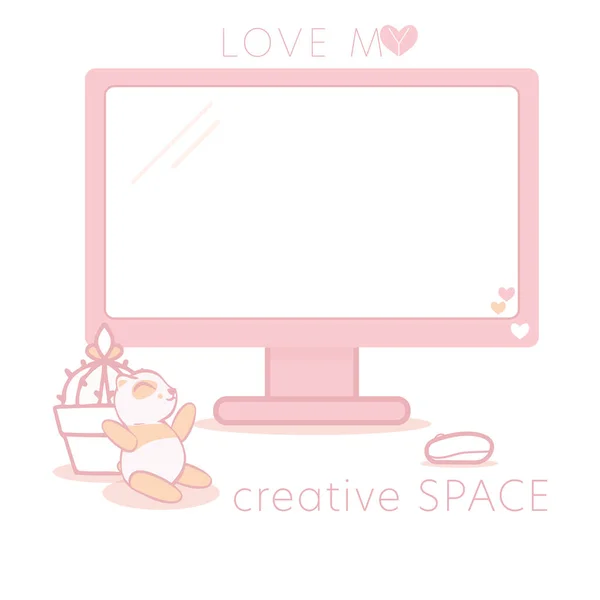 Vector Fun Alegre Pink Home Office Computador com Rato, Planta e Panda Ilustração e Logotipo. Perfeito para web design, scrapbooking e outros projetos. — Vetor de Stock