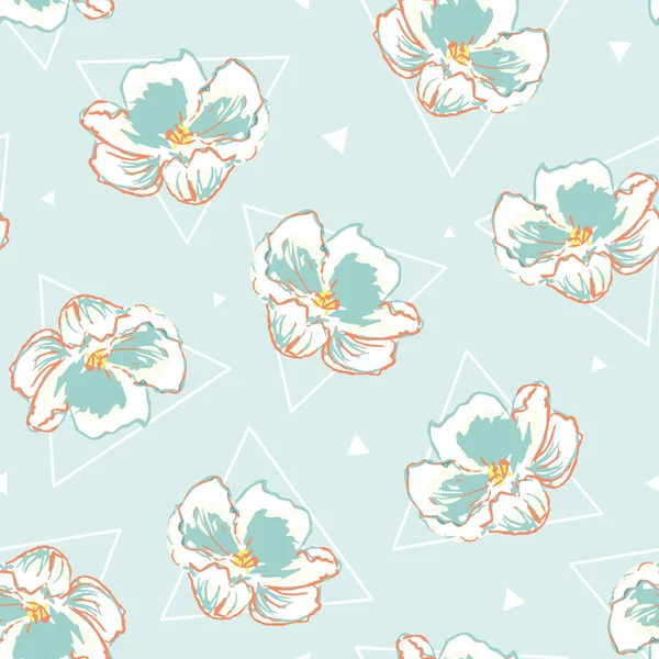 Vector Retro Summer Turquoise et Orange Wild Roses avec Triangles fond de motif sans couture. Parfait pour les projets de tissu, papier peint et scrapbooking. — Image vectorielle