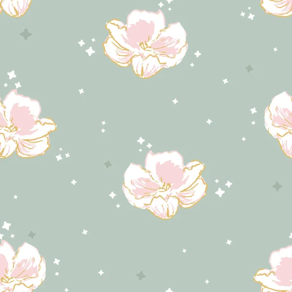 Vector Cute Sparkling Pink Roses on Sage Green seamless pattern background. Perfect for fabric, scrapbooking and wallpaper projects. — Stock Vector