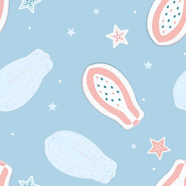 Vector Papayas dulces en azul con formas de estrella sin costuras patrón de fondo. Perfecto para proyectos de tela, scrapbooking y papel pintado. — Archivo Imágenes Vectoriales