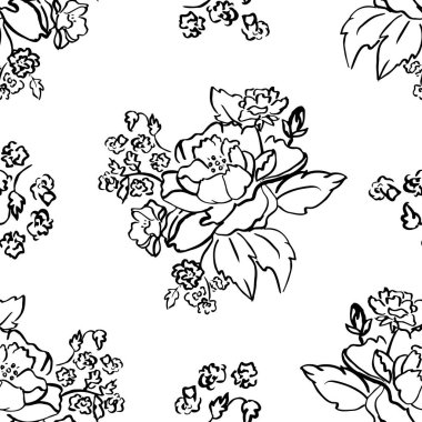Vector Black Ink Brushed Roses on White seamless pattern background. Perfect for fabric, wallpaper and scrapbooking projects.