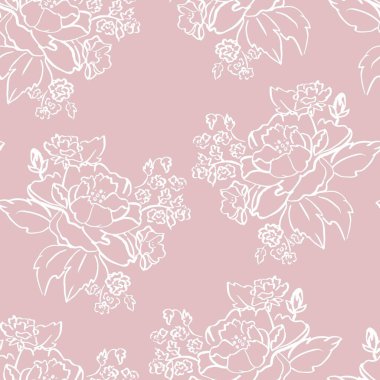 Vector White Ink Brushed Roses on Old Rose Pink seamless pattern background. Perfect for fabric, wallpaper and scrapbooking projects.