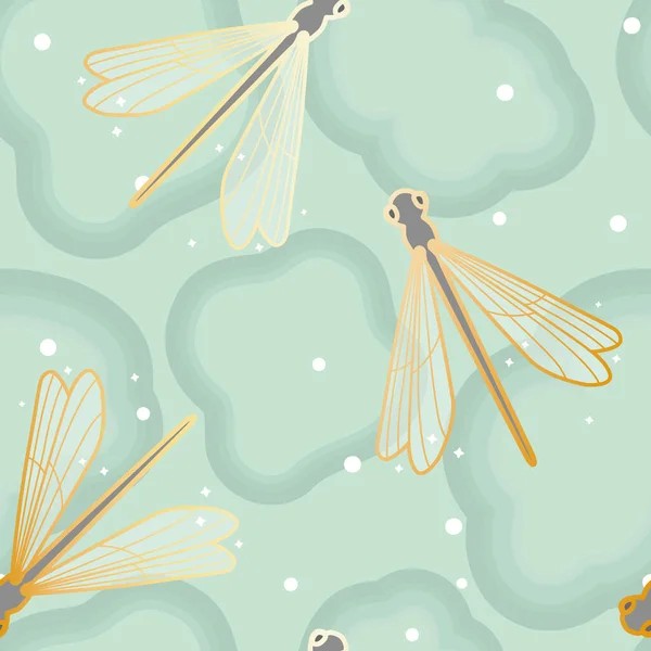 Vector mágico libélulas doradas por encima de los círculos de agua del estanque fondo patrón sin costuras. Perfecto para proyectos de tela, papel pintado y scrapbooking. — Vector de stock