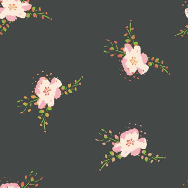 Gri, pürüzsüz desenli arka planda Vektör Boyalı Pembe Çiçekler. Kumaş, hatıra defteri ve duvar kağıdı projeleri için mükemmel..