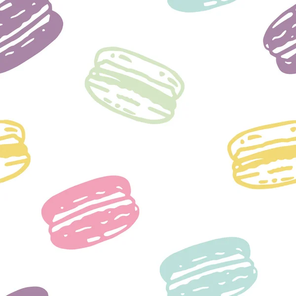 Vector Pastel Macarrones franceses de color sobre fondo de patrón sin costuras blancas. Perfecto para tela de diseño web, papel pintado y proyectos de scrapbooking. — Archivo Imágenes Vectoriales