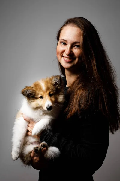 Retrato Menina Feliz Com Filhote Cachorro Sheltie — Fotografia de Stock