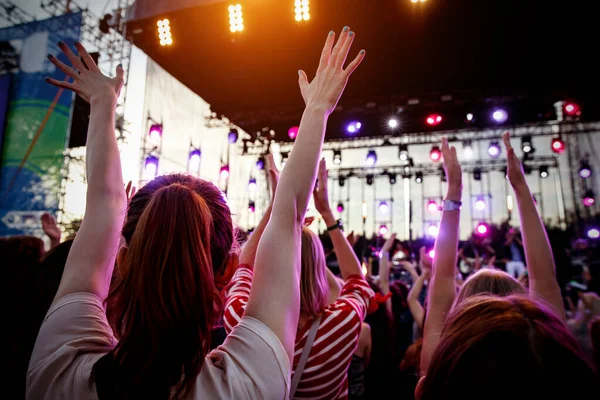 Persone Con Mani Alzate Festival Musicale Estivo Piacere Del Concerto — Foto Stock