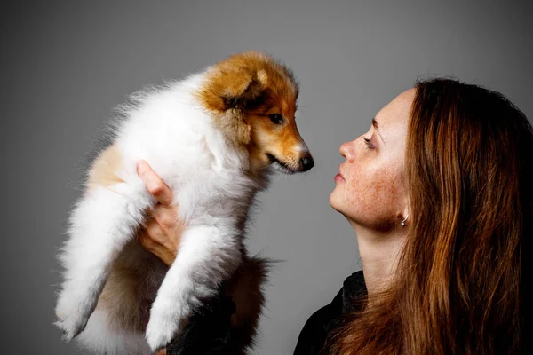 Menina Feliz Com Cachorro Sheltie — Fotografia de Stock