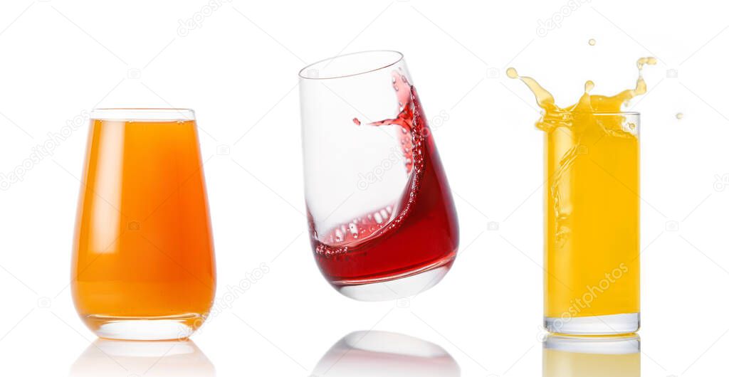 Set of glasses with different juices on a white background