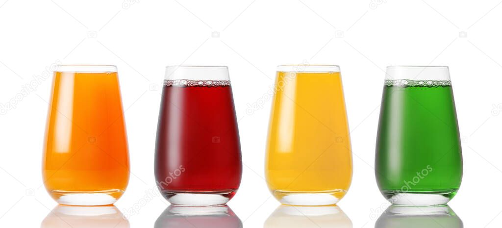 Set of glasses with different juices on a white background