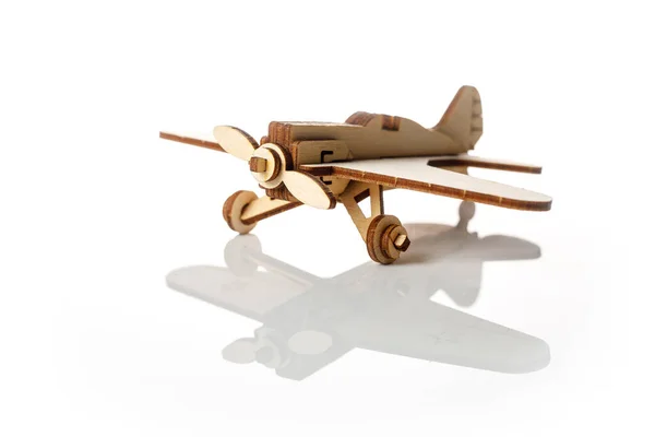 Small Wooden Airplane White Background Reflection — Fotografia de Stock