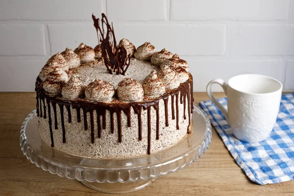 Creamy Cake Chocolate Cinnamon Wooden Table — Stock Photo, Image