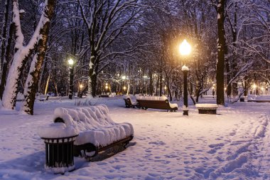 Şehir parkında karla kaplı bir bank. Kış manzarası