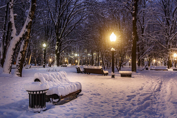 Snow-covered bench in the city park. Winter landscape