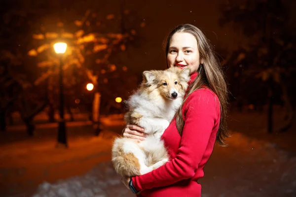 赤いドレスの少女は犬を抱きしめる 背景に冬の夜の公園 — ストック写真